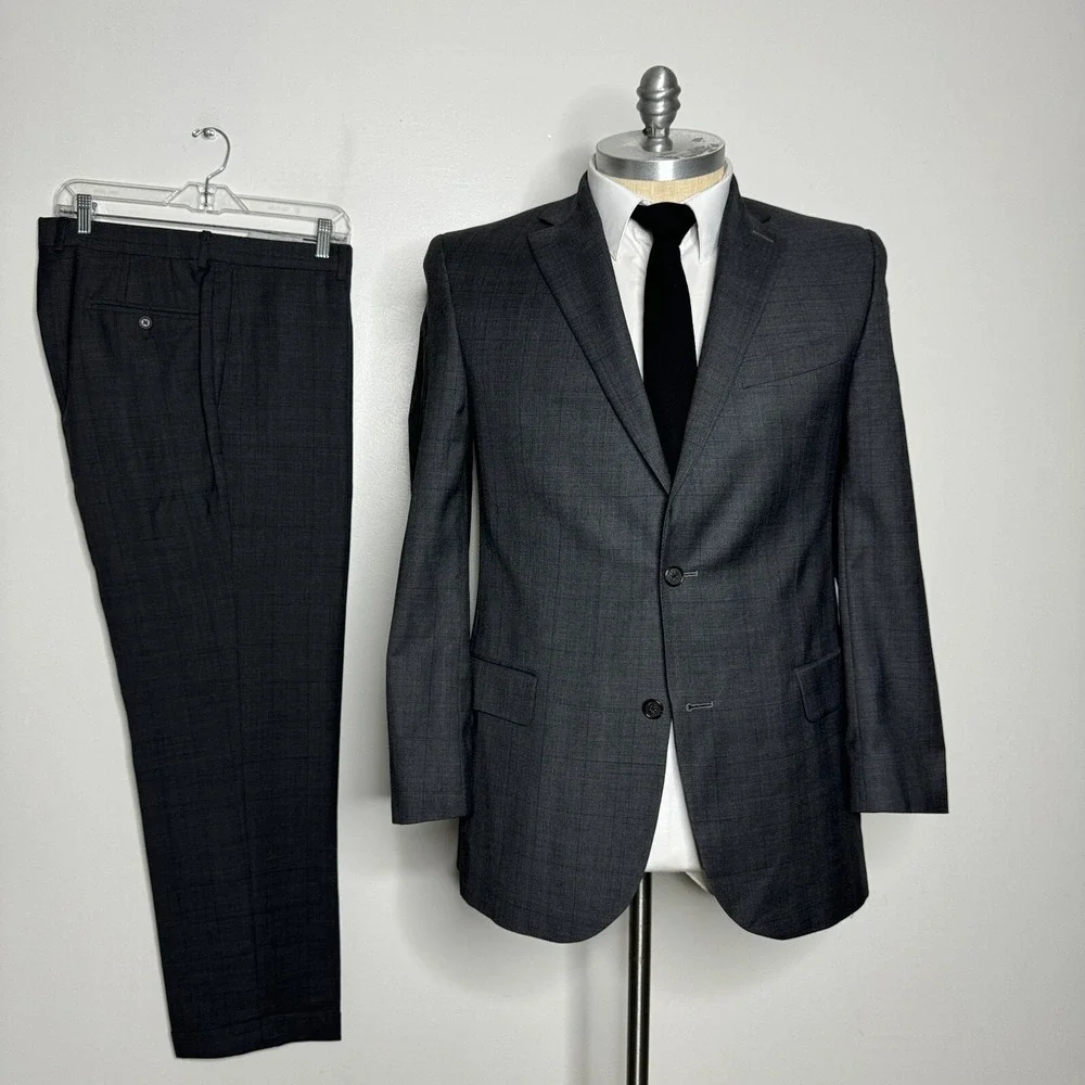David Donahue Suit Mens 42L W35 Grey Glen Plaid Wool 2-Button Double Vent Canada
